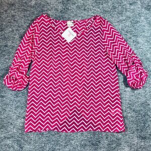 Rachel Kate‎ Sheer Blouse Womens L Pink White Chevron Roll Tab Sleeve Preppy